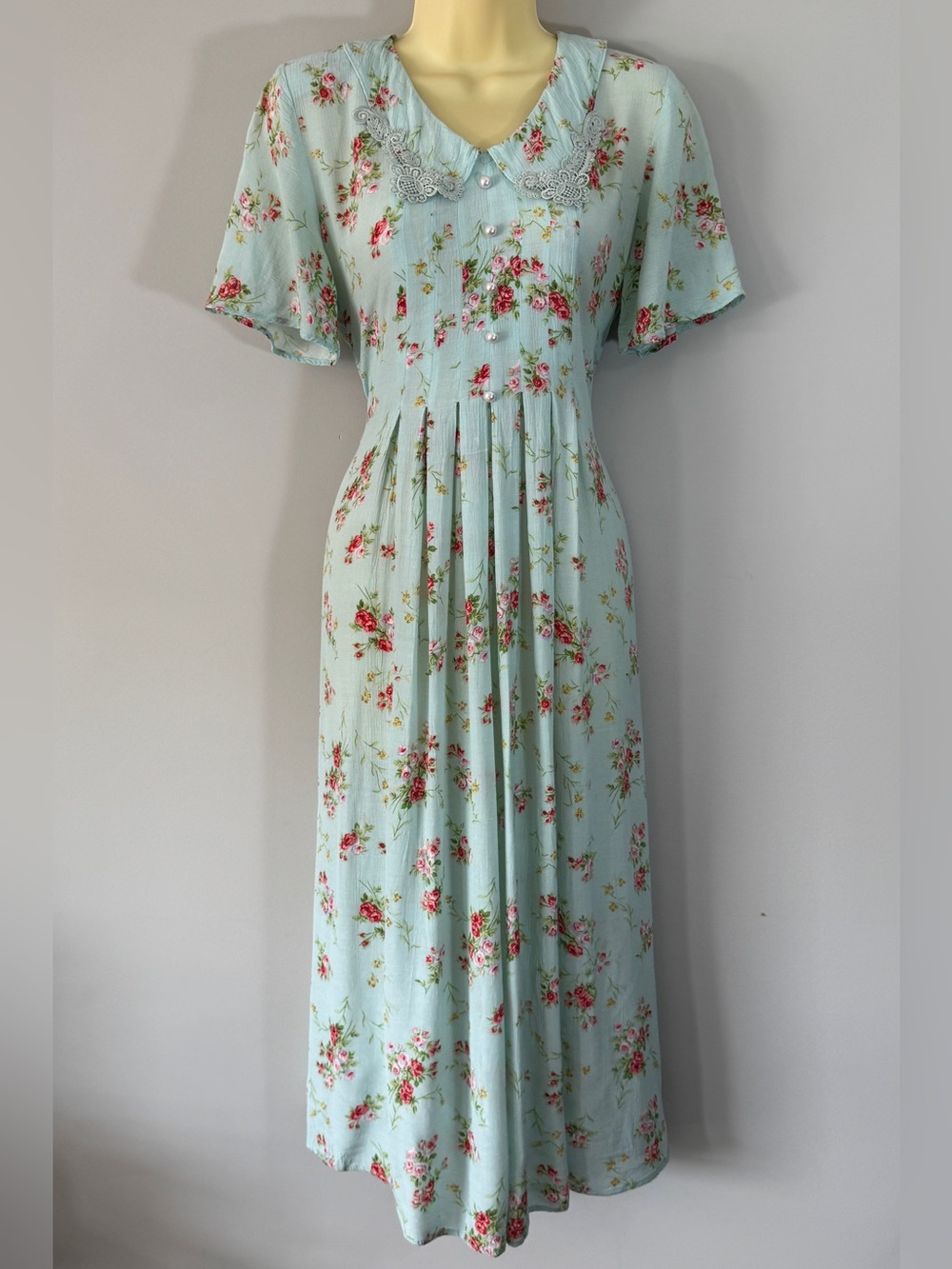 Vintage 90s SMW Style My Way seafoam blue Floral Dress Small Rayon Cottagecore - Picture 3 of 14